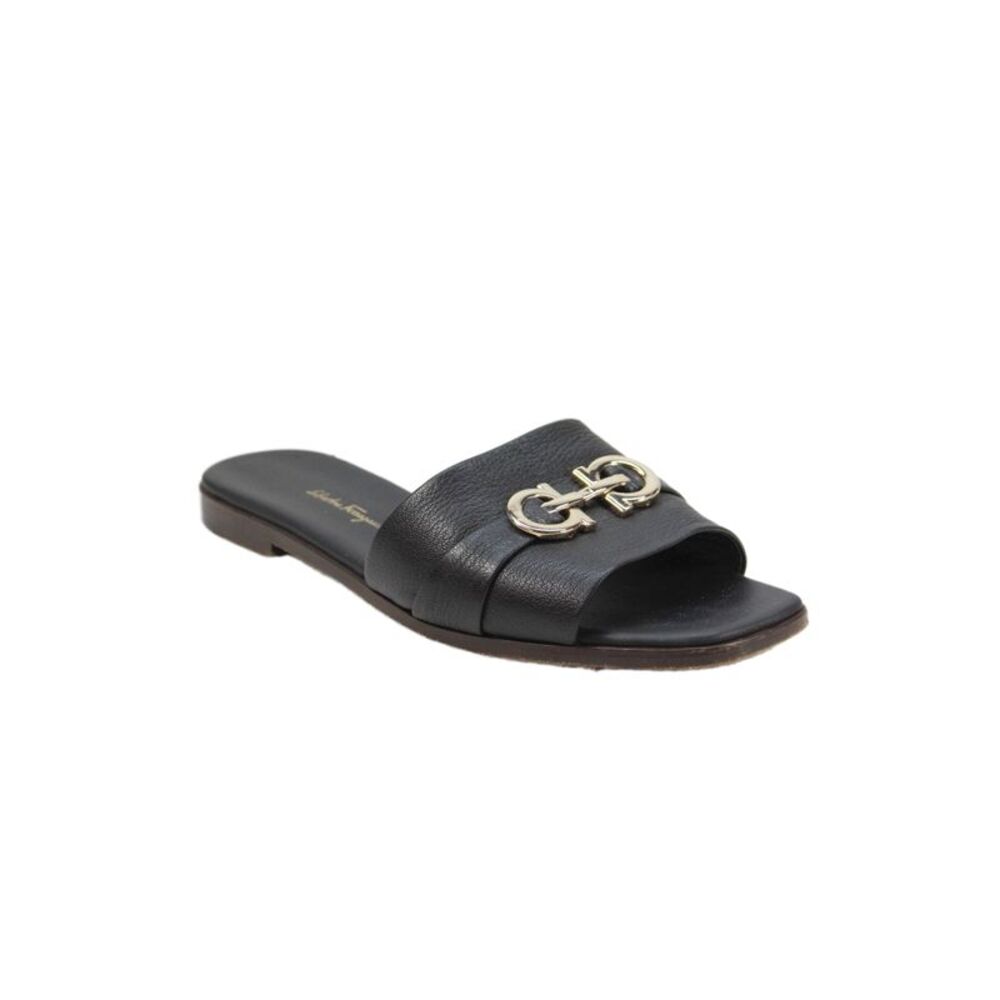 Salvatore Ferragamo Womens Leather Gold Logo Slip On Sandals Black Size 8